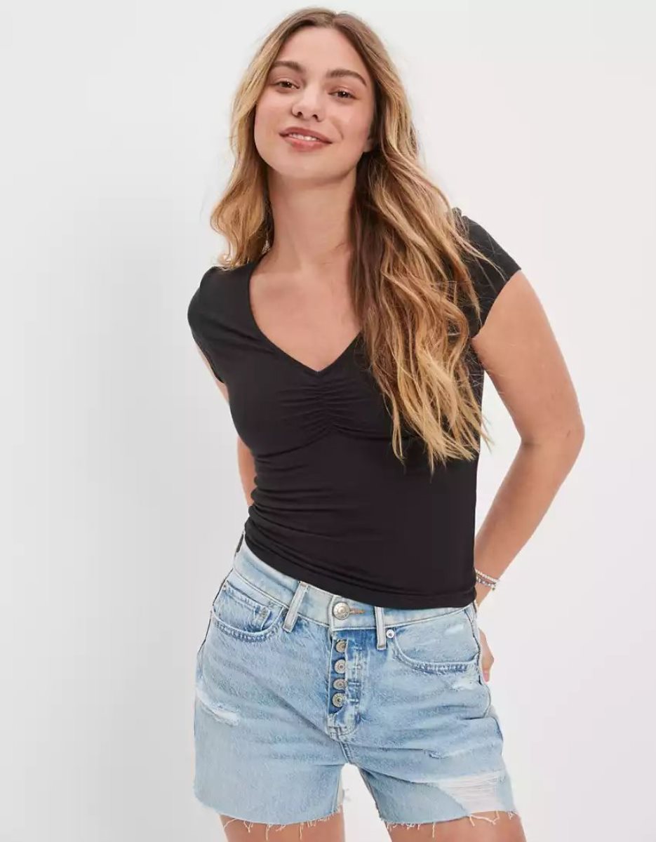 T Shirts American Eagle AE Soft & Sexy Cinch-Front Tee Noir Femme | IKC-61815173